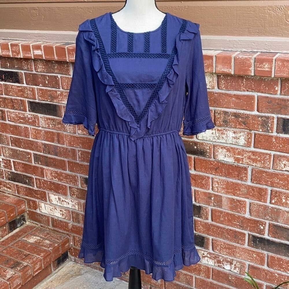 A LOVES A Women's Size Large Navy Blue Ruffle Eyelet Mini Dress Short Sleeve